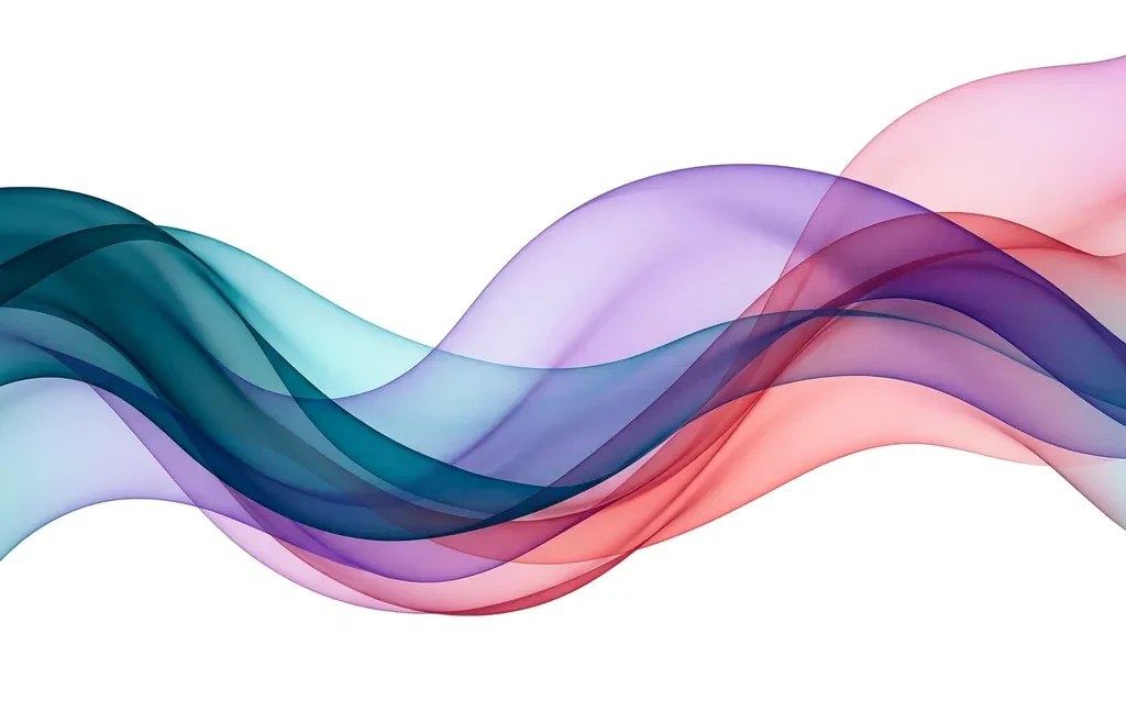 Translucent teal, violet, and rose ribbons flowing in smooth overlapping waves against white negative space, creating luminous depth through layered gradients.