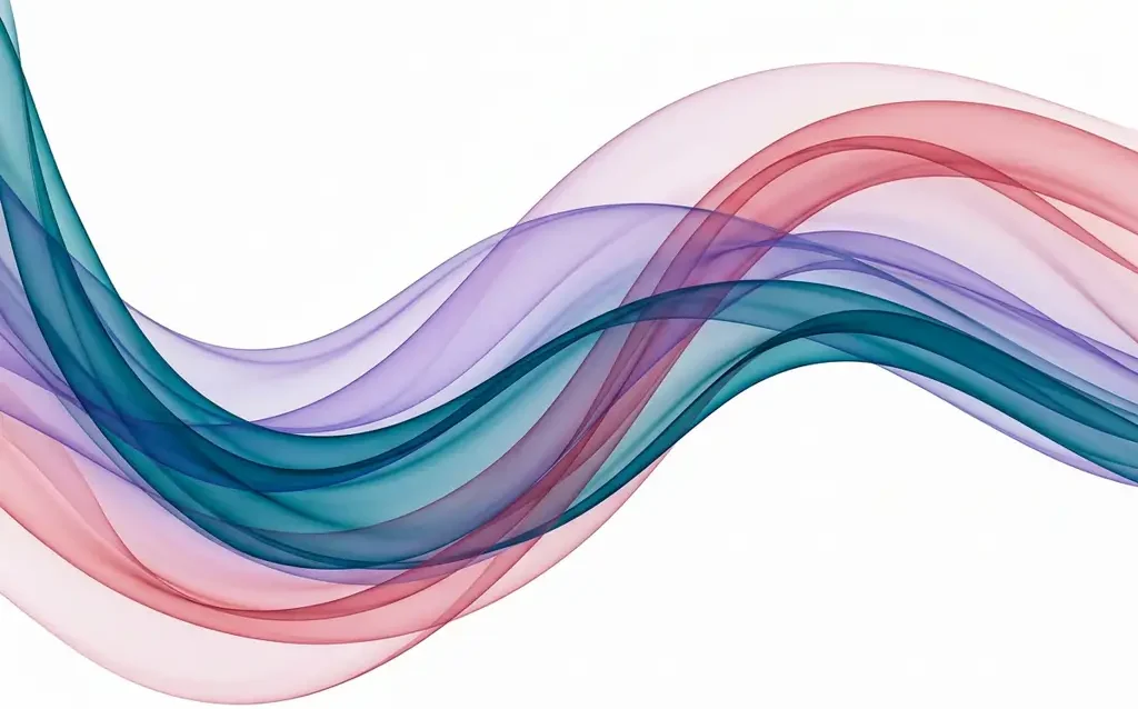 Translucent ribbons of teal, violet, and rose flowing in smooth organic waves across a white background, creating luminous layered depth.