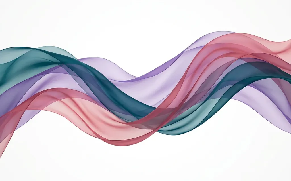 Translucent teal, violet, and rose ribbon waves overlapping in fluid curves against a white background, creating luminous layered depth.