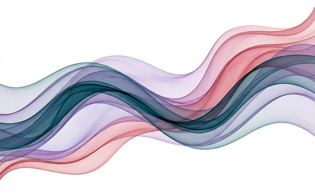 Translucent ribbons of teal, violet, and rose flowing in overlapping organic waves against a white background, creating luminous layered depth.