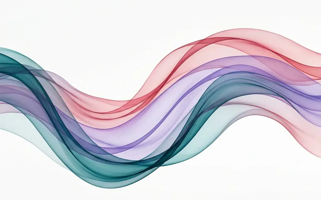 Translucent teal, violet, and rose silk-like ribbons flowing in overlapping organic waves against a white background.