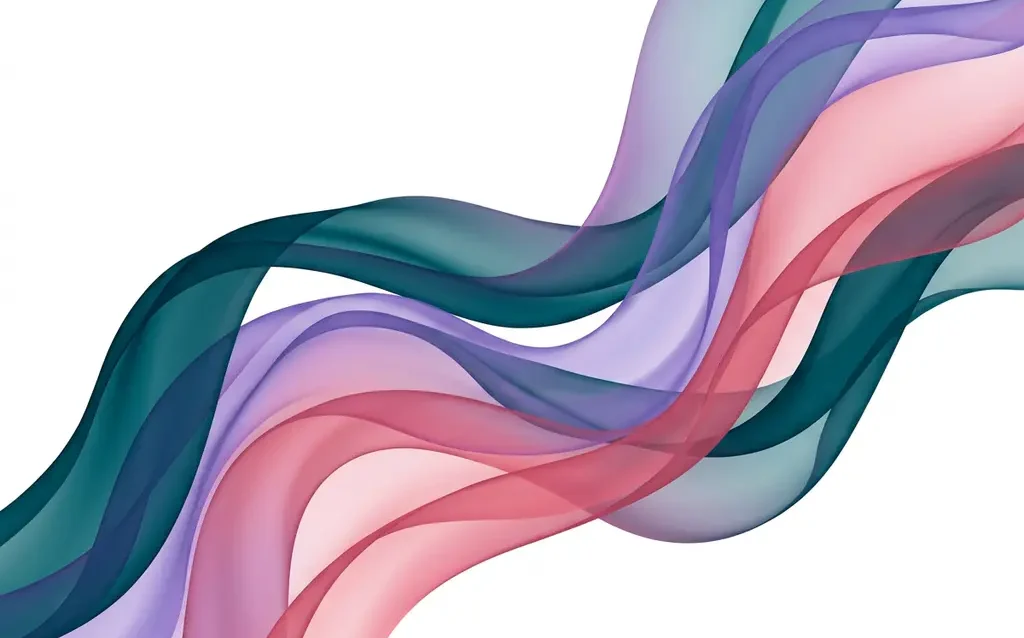 Translucent teal, violet, and rose ribbons flowing in smooth organic waves against a white background, creating luminous layered depth.