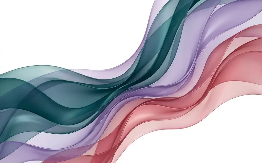 Translucent ribbons in teal, violet, and rose flowing in overlapping organic waves across a white background, suggesting interconnected data pathways.