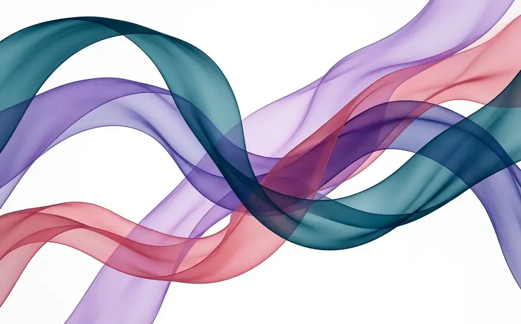 Translucent teal, violet, and rose ribbons flowing in layered organic waves across a white canvas, creating luminous depth through overlapping transparency.