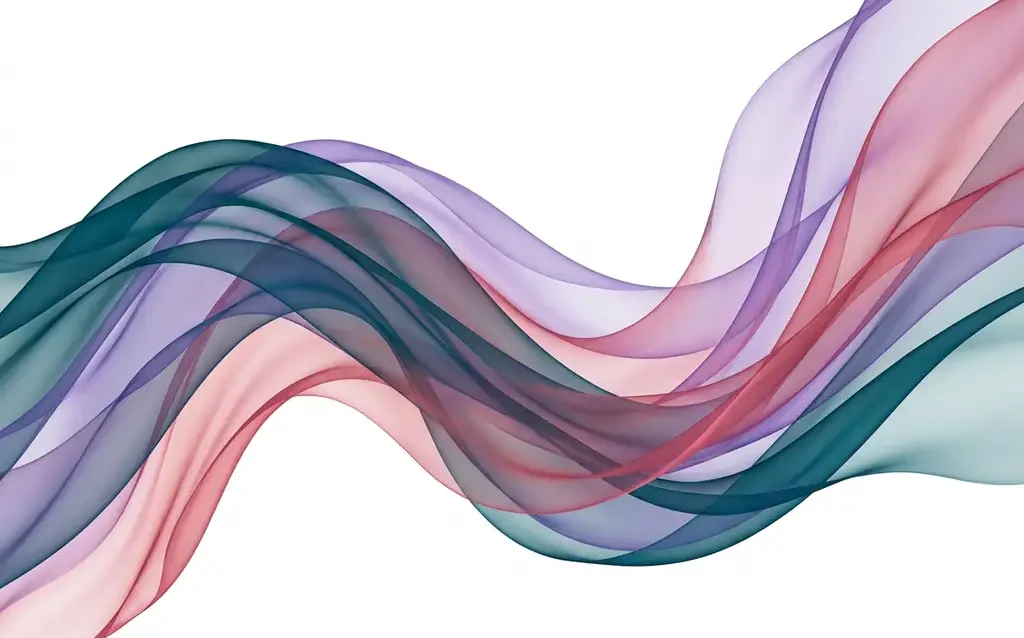 Translucent teal, violet, and rose ribbons flowing in organic waves across a white background, overlapping to create luminous depth.