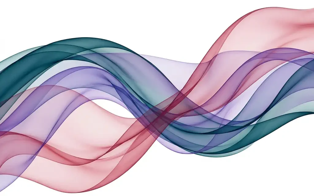 Layered translucent ribbons in teal, violet, and rose flowing in smooth overlapping waves against a white background.