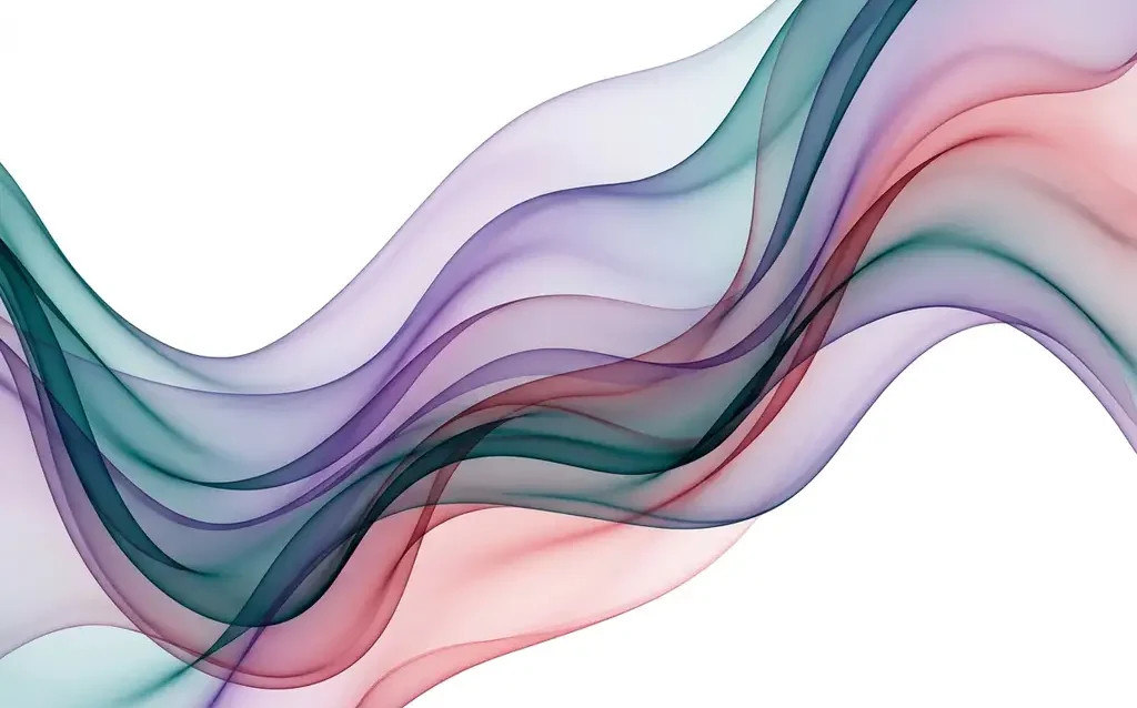 Translucent teal, violet, and rose ribbons flowing in smooth overlapping waves against a white background, creating luminous depth.
