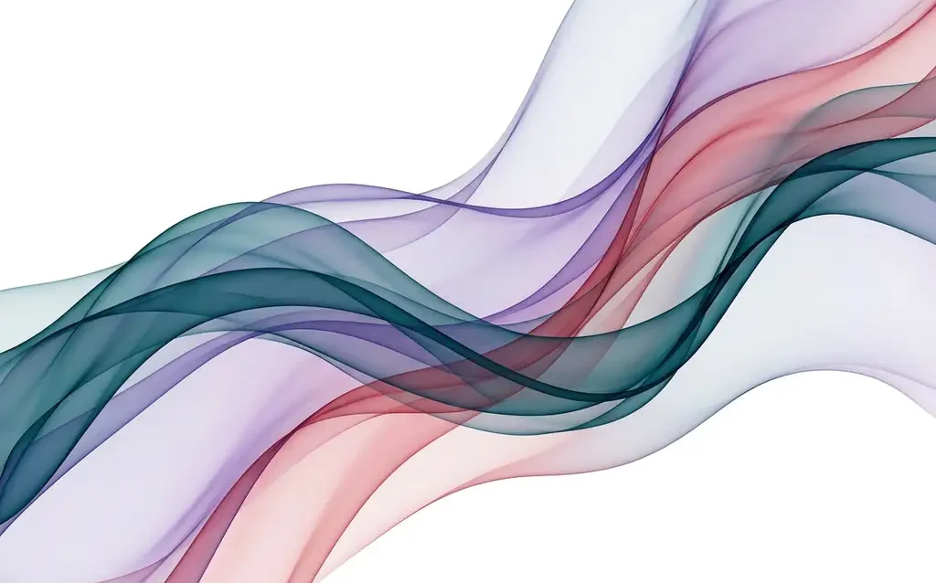 Translucent teal, violet, and rose ribbons flowing in overlapping organic waves against a white background, creating luminous depth through layered transparency.
