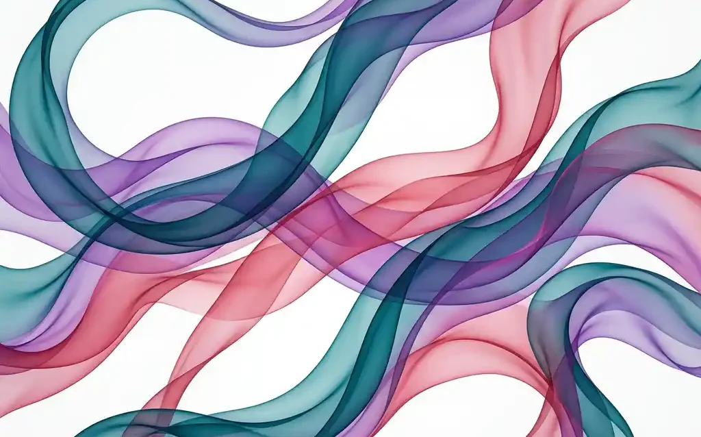 Translucent ribbons of teal, violet, and rose flowing in overlapping waves against a white background, creating luminous depth through layered transparency.