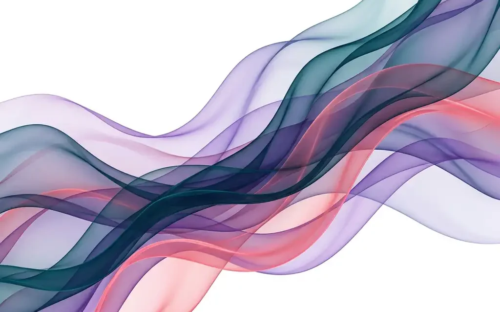 Translucent silk-like ribbons in teal, violet, and rose flowing in layered organic curves against white space.