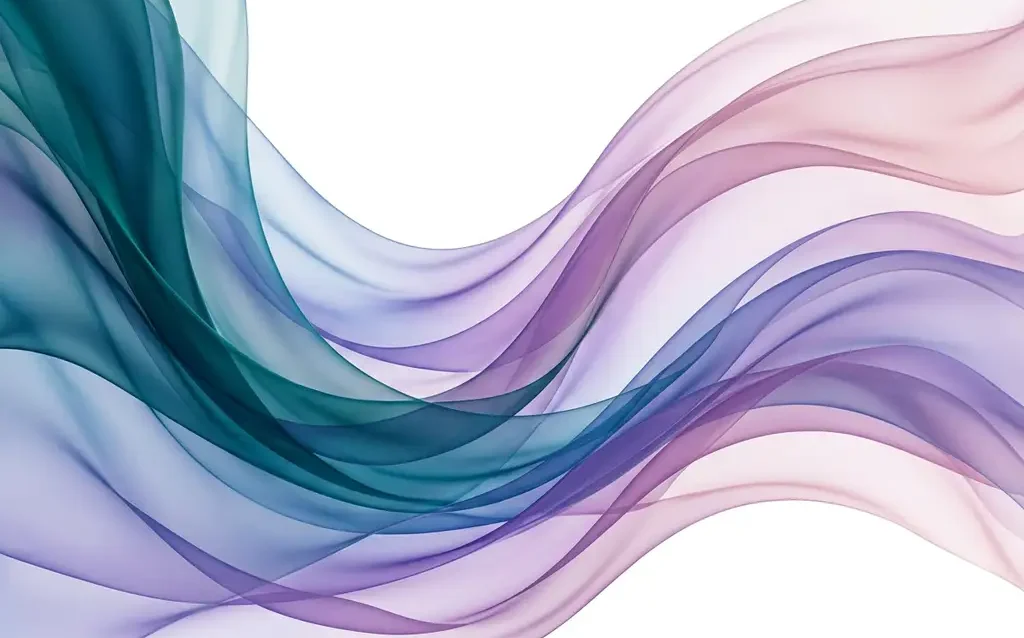 Translucent silk ribbons in deep teal and soft violet curve in flowing waves over white space, blending into lavender and pale rose gradients.