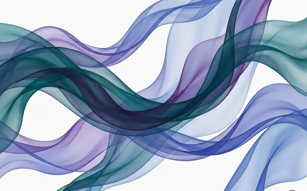 Translucent silk ribbons in teal, violet, and cobalt flowing in overlapping organic waves against a white background, creating luminous layered depth.