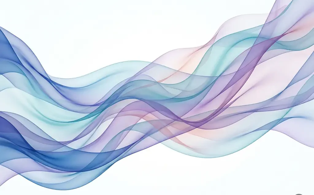Translucent ribbons of blue, teal, and violet flowing in soft organic waves against a white background, creating luminous layered depth.