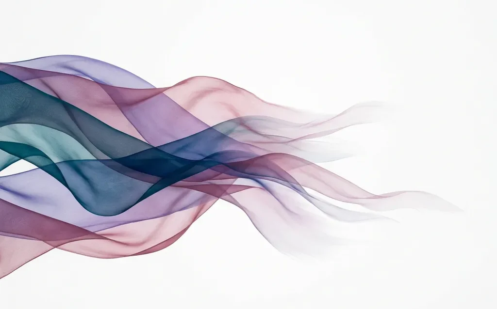 Translucent ribbons of teal, violet, and rose dissolve into white space, overlapping silk-like waves fading into stillness.