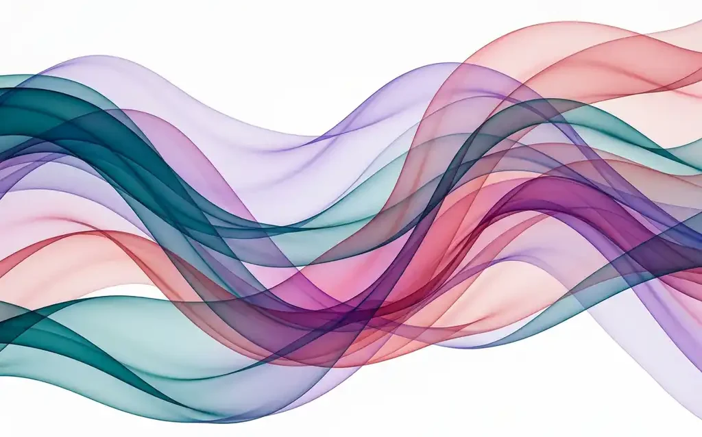 Translucent teal, violet, and rose ribbons flowing in layered organic waves across a white background with luminous overlapping depth.
