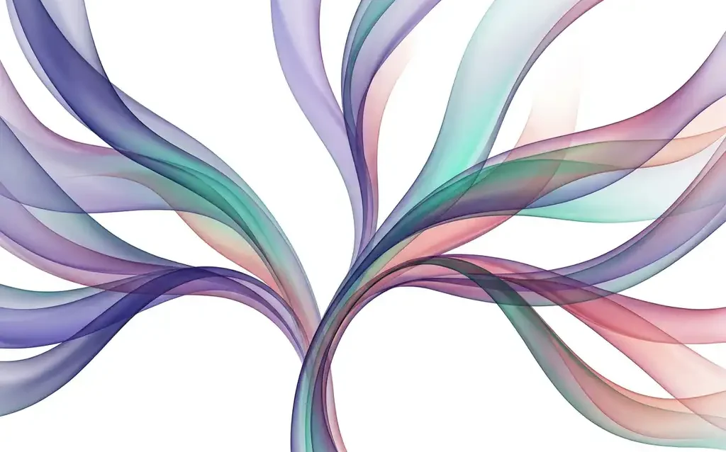 Translucent layered ribbons in teal, indigo, violet, and rose fanning outward from a central curve, blending where they overlap on white space.