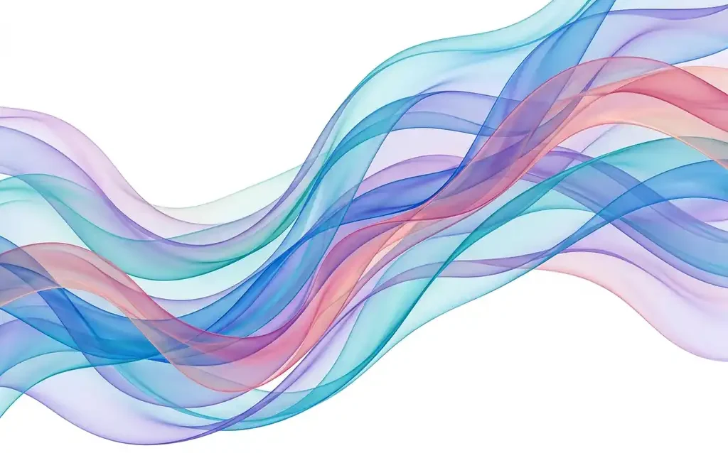 Translucent silk ribbon waves in cool blues, teals, lavender, and rose flowing across a white canvas with smooth overlapping gradients.