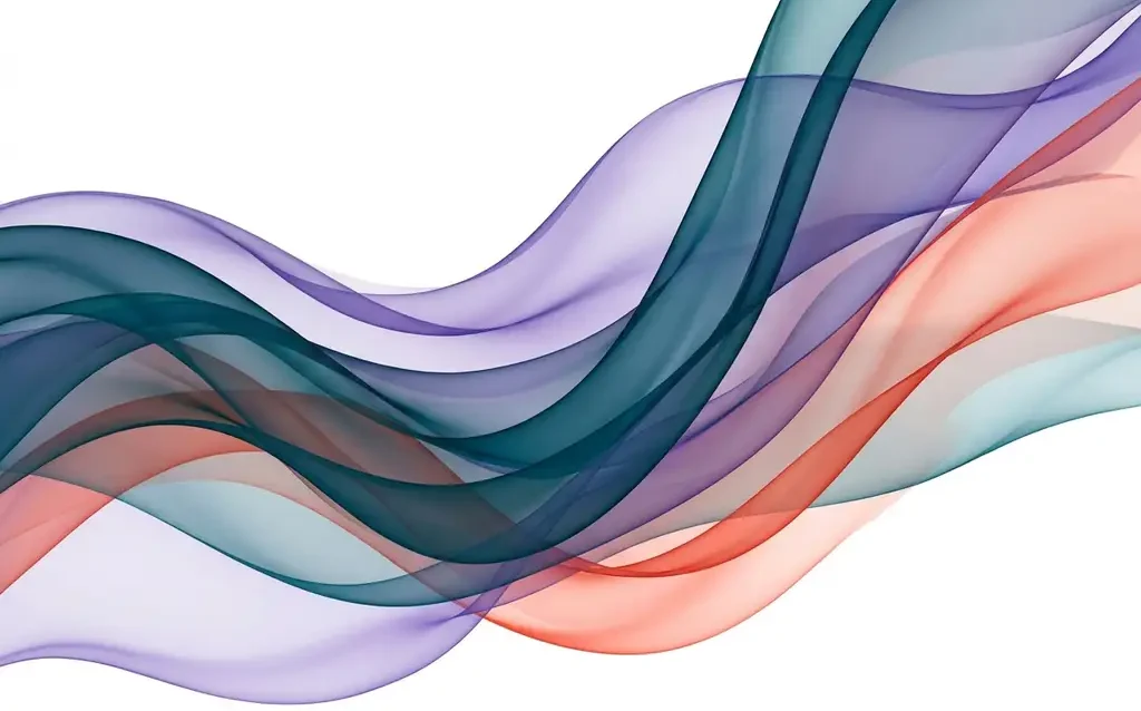 Translucent teal, violet, and coral ribbon waves overlapping in fluid curves against a white background, creating luminous depth and motion.