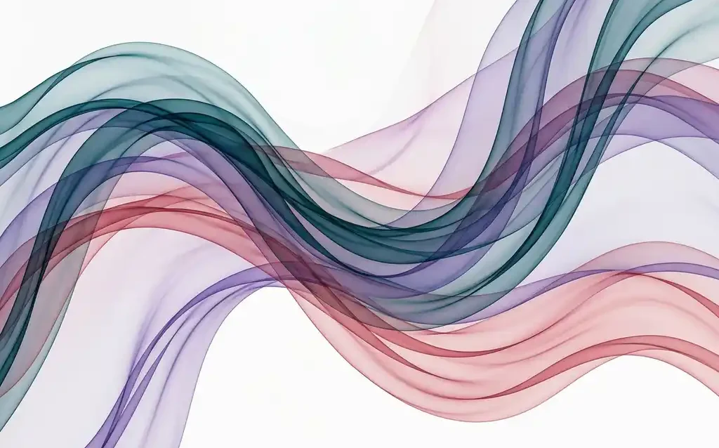Translucent ribbons of teal, violet, and rose flowing in layered organic waves across a white background, creating luminous depth through overlapping gradients.