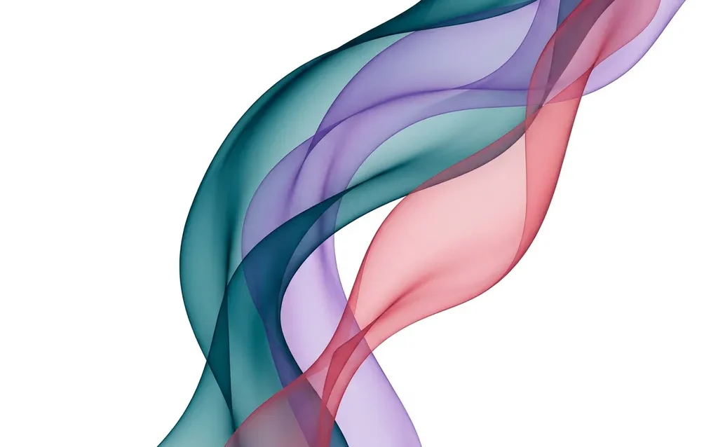 Translucent ribbons in teal, violet, and rose flowing in layered organic waves across a white background, creating luminous depth through overlapping curves.
