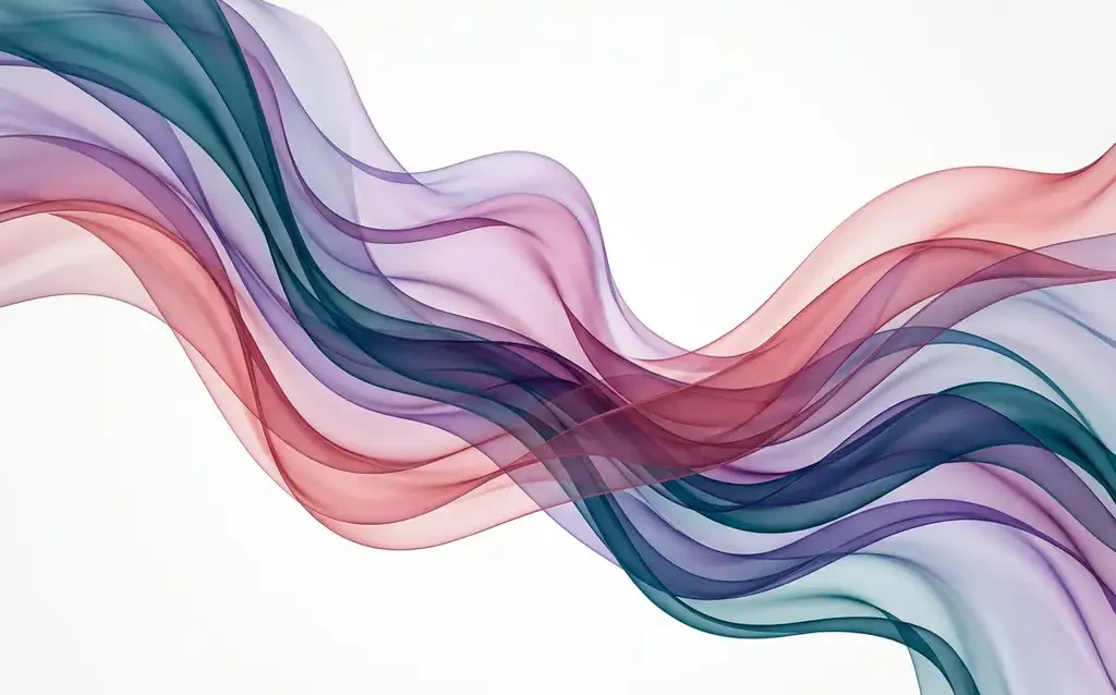 Translucent teal, violet, and rose ribbons flowing in layered organic waves against a white background, evoking silk and light-refracting glass.