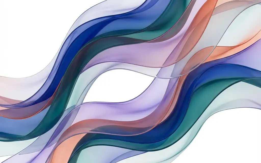Translucent teal, blue, purple and coral ribbons flowing in elegant waves across white space with dimensional depth