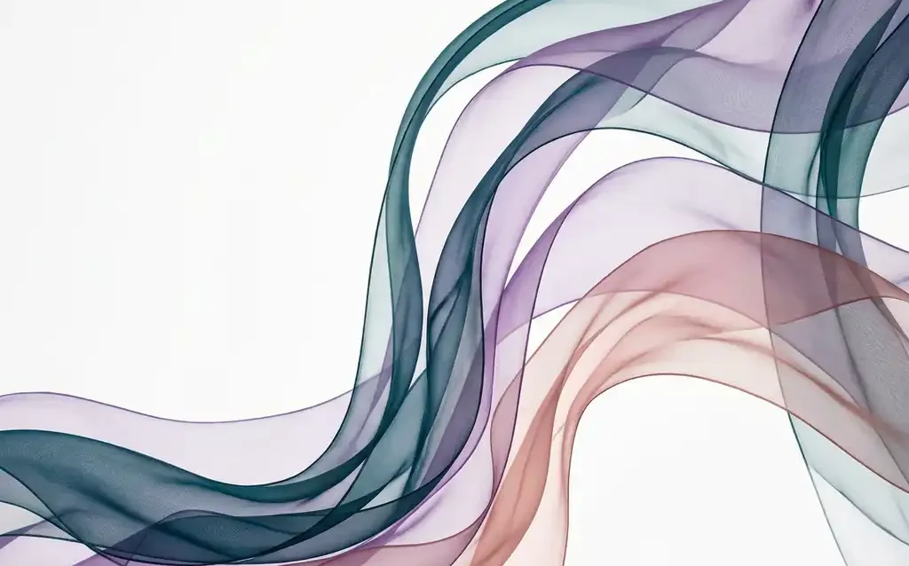 Translucent teal, violet, and blush silk ribbons flowing in layered organic waves across a white background with soft gradient depth.
