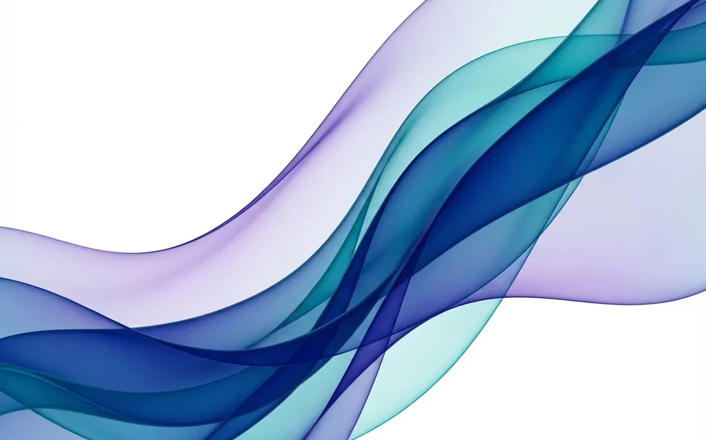 Fließende transparente Bänder in Saphirblau, Türkis und Violett auf weißem Hintergrund, abstrakte Datenviz-Ästhetik