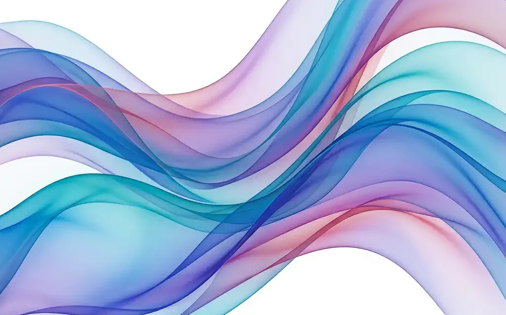 Vloeiende doorschijnende klintlinten in blauw, teal en zacht paars met warme roze accenten op witte achtergrond.