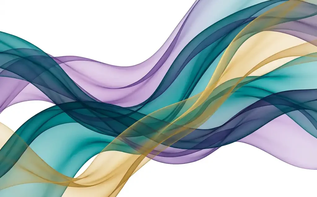 Vloeiende doorzichtige linten in diepblauwgroen, zacht violet en warm goud op witte achtergrond, organisch golvend met zijdeachtige transparantie.