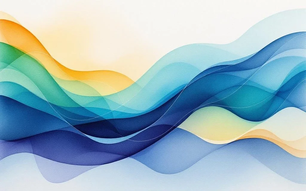 Abstract watercolor painting with flowing navy blue to electric blue gradients blending into emerald green and golden yellow streams