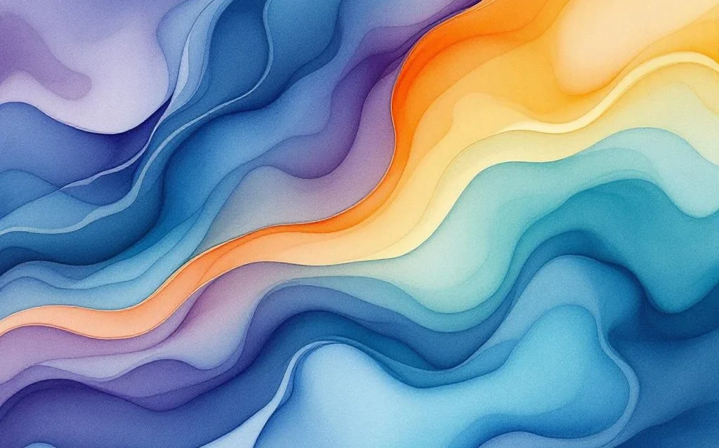 Abstract watercolor painting with flowing blue, orange, and yellow gradients blending diagonally across canvas