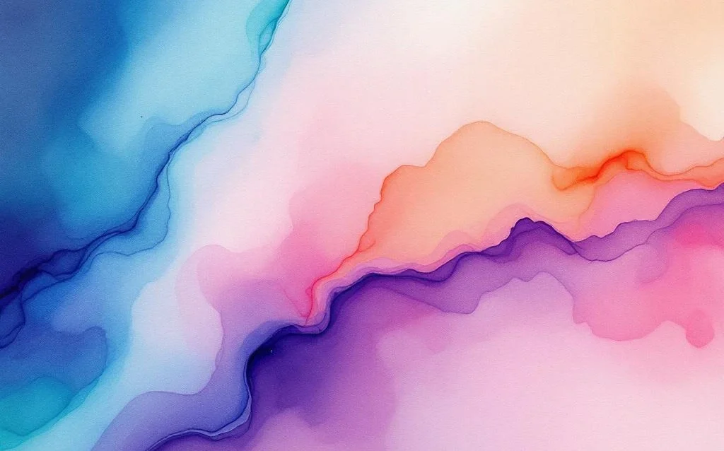 Abstract watercolor painting with flowing blue, purple, cyan, green, coral pink and amber washes blending on textured paper