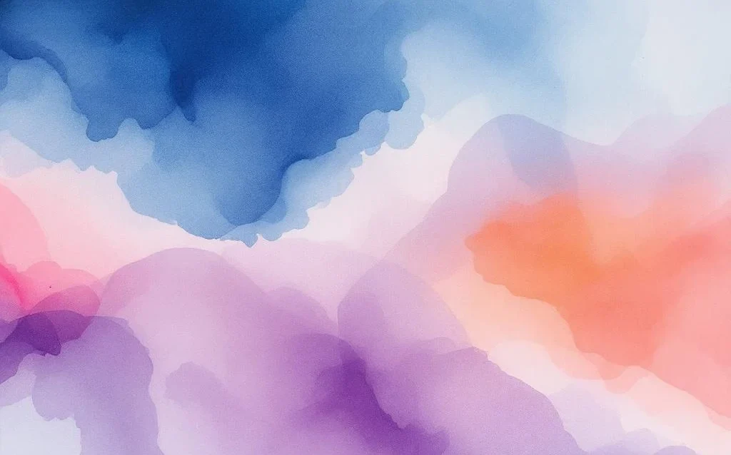 Abstract watercolor painting with flowing blue, purple, and orange gradients blending seamlessly across canvas in ethereal washes.